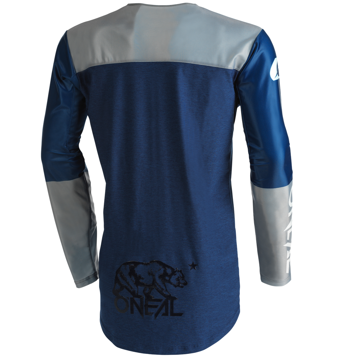 Rückansicht des O'NEAL MAYHEM Jersey HEXX mit langen Ärmeln in blauen, dunkelgrauen und hellgrauen Farbblöcken. Das Trikot zeigt unten ein Bären- und Sternbild und am Ärmel das O'NEAL-Branding. Es besteht aus leistungsstarkem Qualitätsmaterial und ist perfekt für sportliche oder Outdoor-Aktivitäten.
