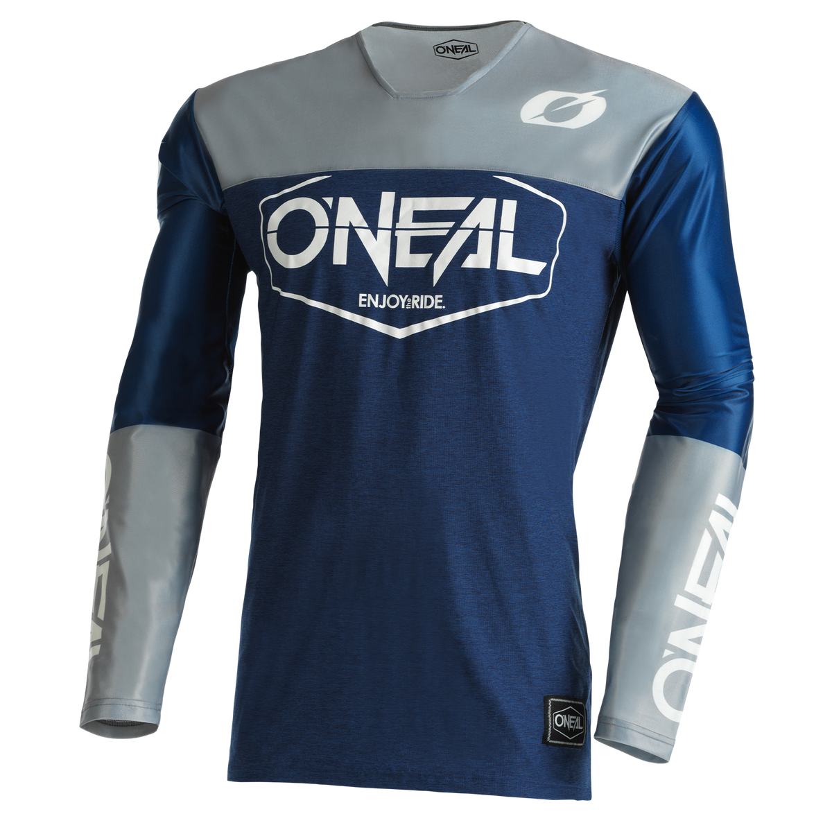 Ein langärmliges, blau-graues O'NEAL MAYHEM Jersey HEXX mit dem Text „ONEAL“ und „ENJOY. RIDE.“ prominent auf der Vorderseite. Die Ärmel sind überwiegend grau mit dem O'NEAL-Logo in Weiß auf den Unterarmen. Das leichte, atmungsaktive Gewebe sorgt für leistungsstarke Qualität und Funktionalität.