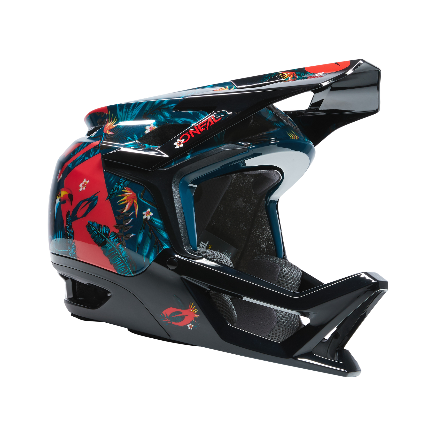 Der O'NEAL TRANSITION Helm RIO ist ein Integralhelm, der ein lebendiges, mehrfarbiges Design mit Federn und abstrakten Mustern präsentiert. Er bietet optimalen Schutz und verfügt über das „O'Neal“-Branding sowie einen schwarzen Kinnschutz. Das aufwendige Kunstwerk hebt sich wunderschön vom schwarzen Hintergrund ab.