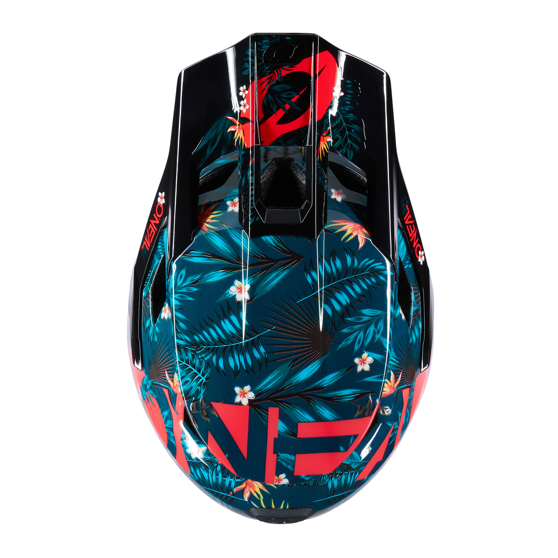 Eine Draufsicht auf den eleganten, schwarzen und glänzenden O'NEAL TRANSITION Helm RIO von O'NEAL mit leuchtend roten Akzenten und einem tropischen Muster mit blaugrünen Blättern und kleinen weißen Blumen. Das Design enthält auffälligen roten Text an den Seiten und bietet sowohl Stil als auch optimalen Schutz.