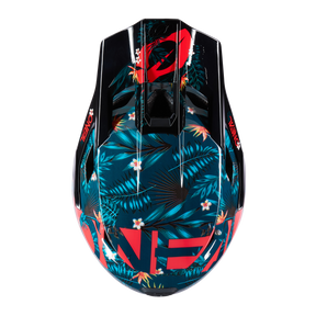 Eine Draufsicht auf den eleganten, schwarzen und glänzenden O'NEAL TRANSITION Helm RIO von O'NEAL mit leuchtend roten Akzenten und einem tropischen Muster mit blaugrünen Blättern und kleinen weißen Blumen. Das Design enthält auffälligen roten Text an den Seiten und bietet sowohl Stil als auch optimalen Schutz.