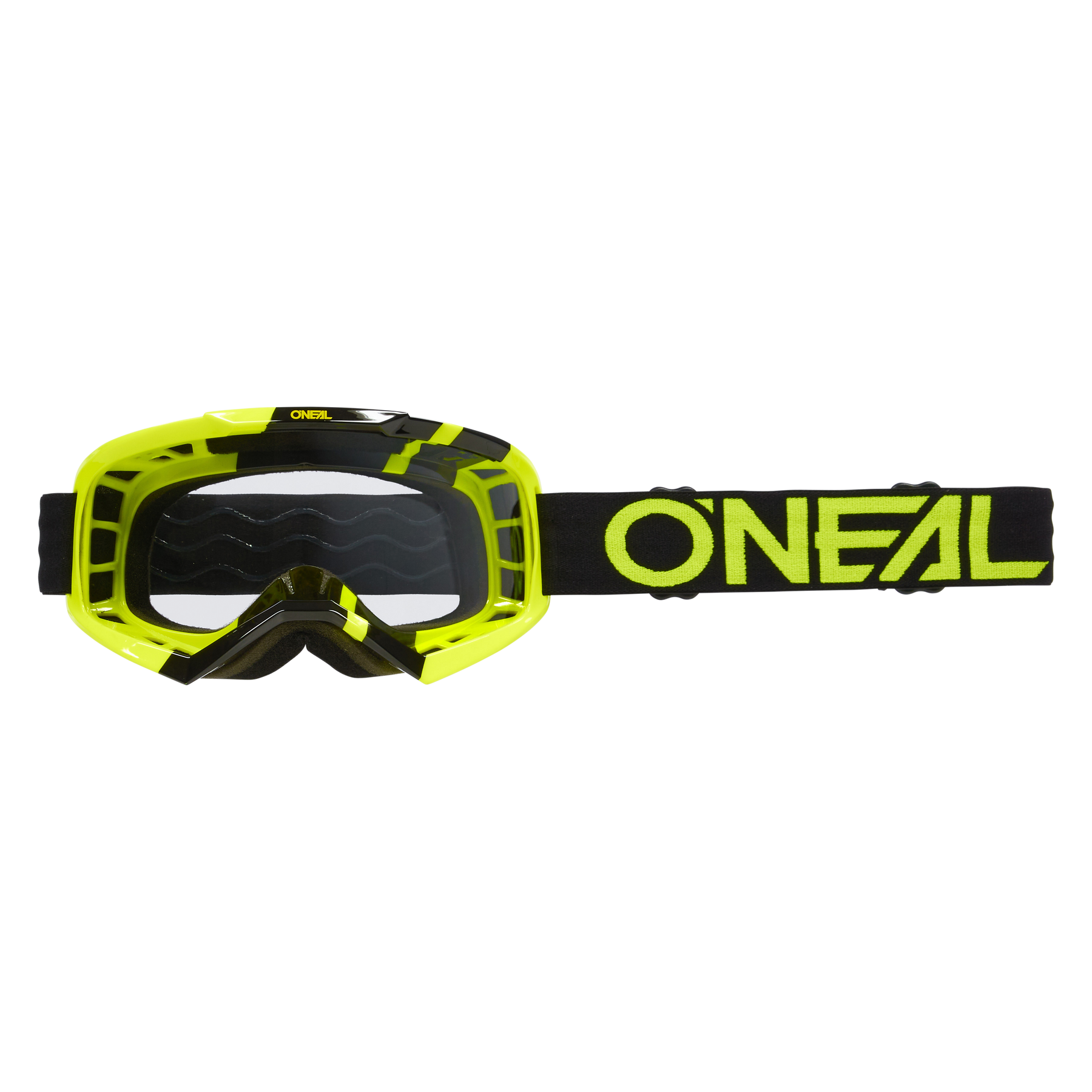 Las gafas O'NEAL Vault Solid en negro y amarillo neón tienen una lente transparente y una correa negra ajustable con el logotipo O'NEAL amarillo: la protección ideal para tu colección de deportes de motor.