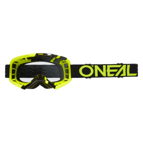Die O'NEAL VAULT Brille SOLID im Motocross-Stil in Schwarz/Neongelb/Klar mit einer klaren Linse und einem verstellbaren Riemen mit der Aufschrift „O'NEAL“ in Gelb auf Schwarz bietet erstklassigen Schutz und Hochleistungsausrüstung.