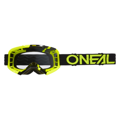 Las gafas O'NEAL Vault Solid en negro y amarillo neón tienen una lente transparente y una correa negra ajustable con el logotipo O'NEAL amarillo: la protección ideal para tu colección de deportes de motor.