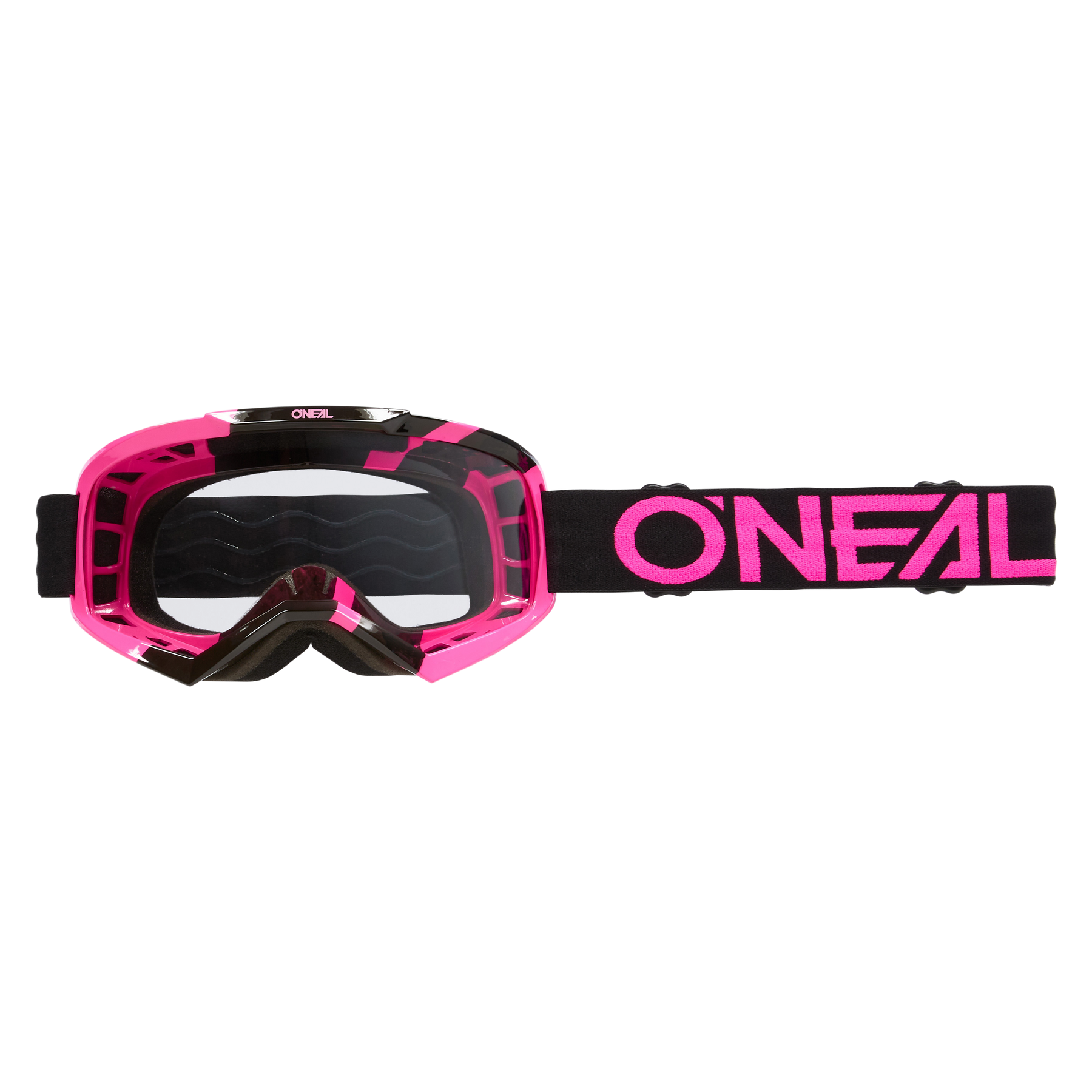 Las gafas O'NEAL Vault Solid son unas gafas de motocross de diseño rosa y negro con lente transparente y correa elástica negra con la inscripción "O'NEAL" en rosa, imprescindibles para cualquier piloto.