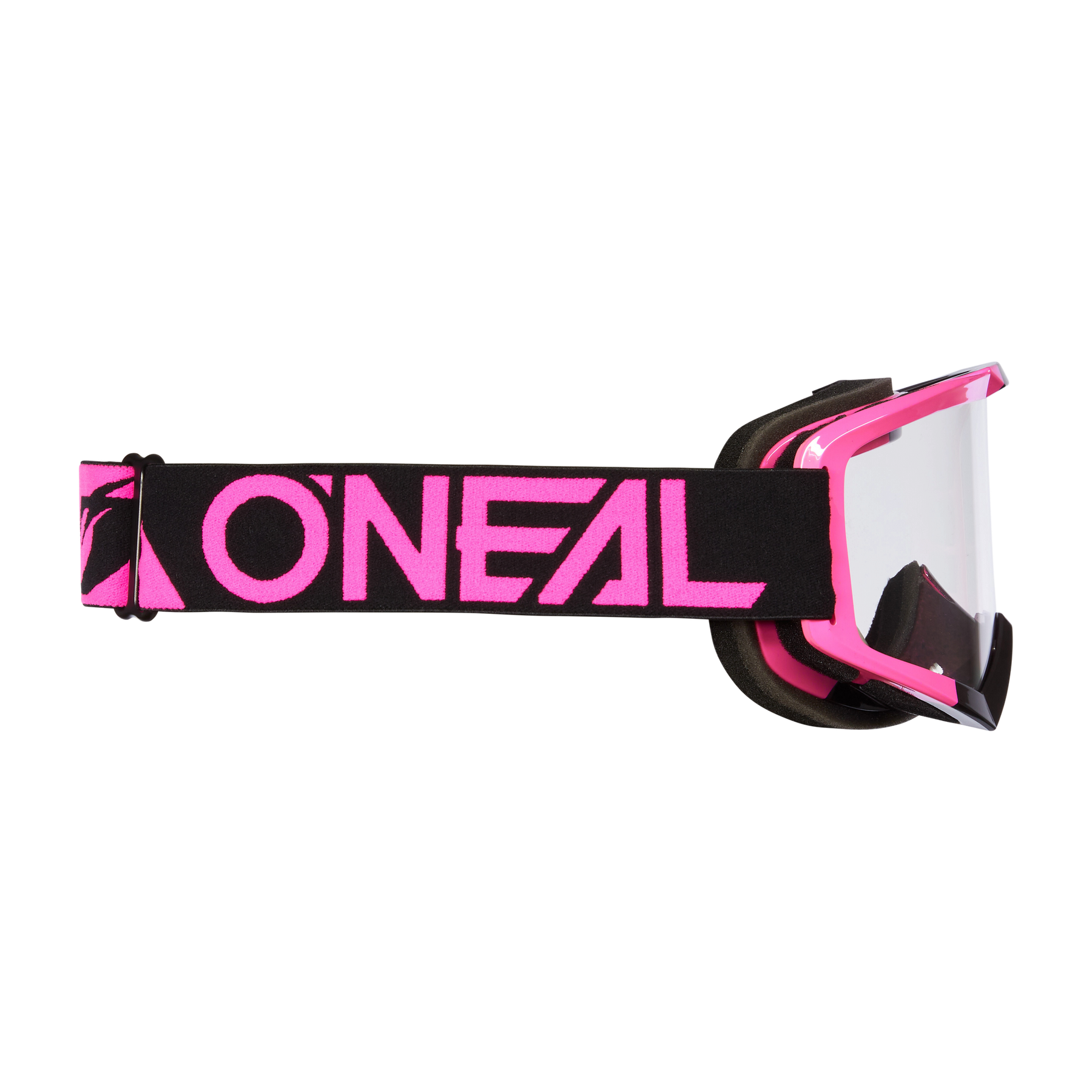 Vista lateral de las gafas O'NEAL Vault Solid de color rosa y negro con un llamativo logotipo "O'NEAL" rosa en la correa y lentes transparentes: un complemento ideal para cualquier colección de equipamiento para deportes de motor.