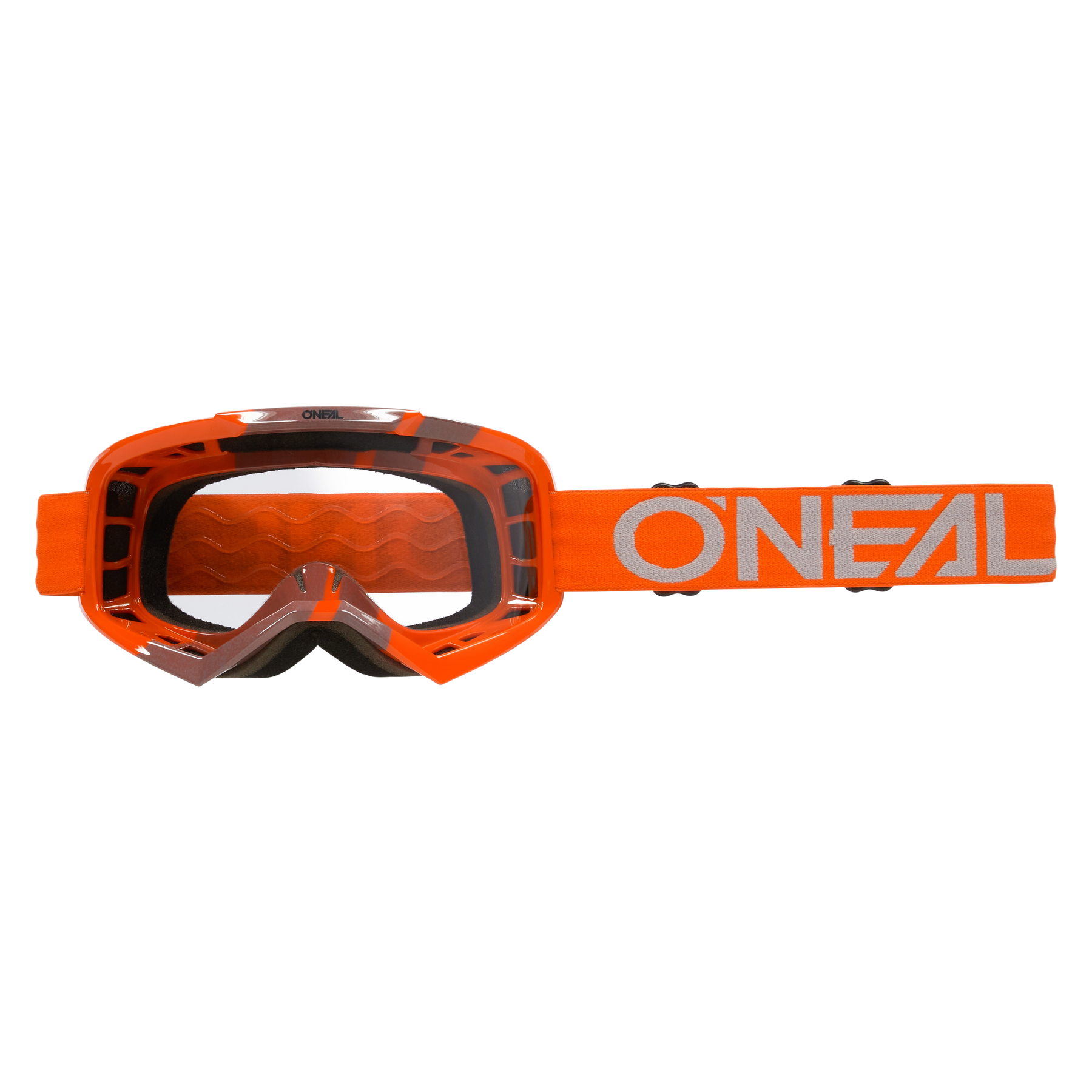 Las gafas O'NEAL Vault Solid tienen una montura naranja brillante con detalles en negro y naranja, una lente transparente y una correa ajustable con el logotipo blanco de O'NEAL, ideal para completar cualquier colección de deportes de motor.