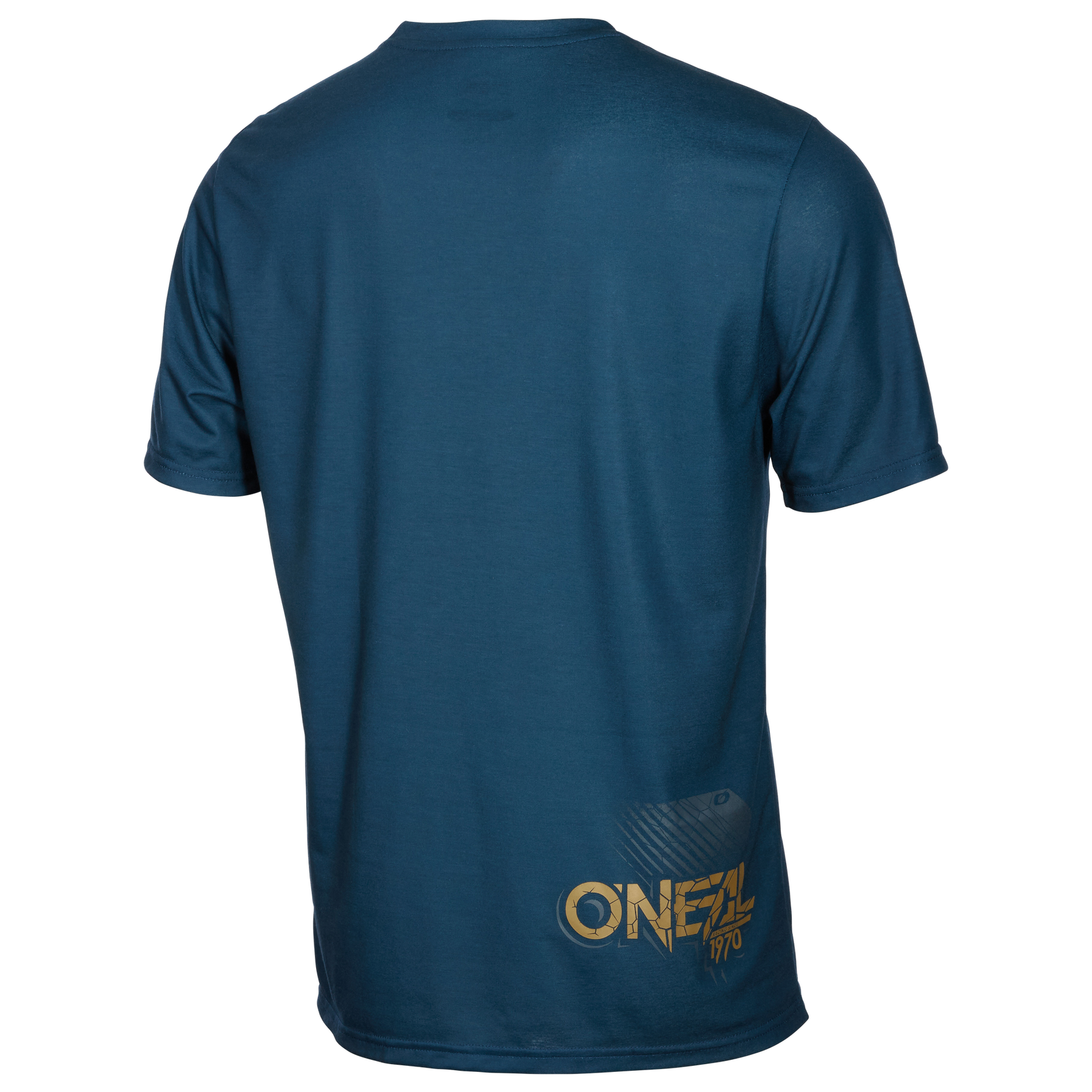 Dunkelblaues, atmungsaktives Kurzarm-T-Shirt aus O'NEAL VAULT-Jersey mit goldenem "ONEAL 1970"-Logo am unteren rechten Saum, von hinten gesehen.