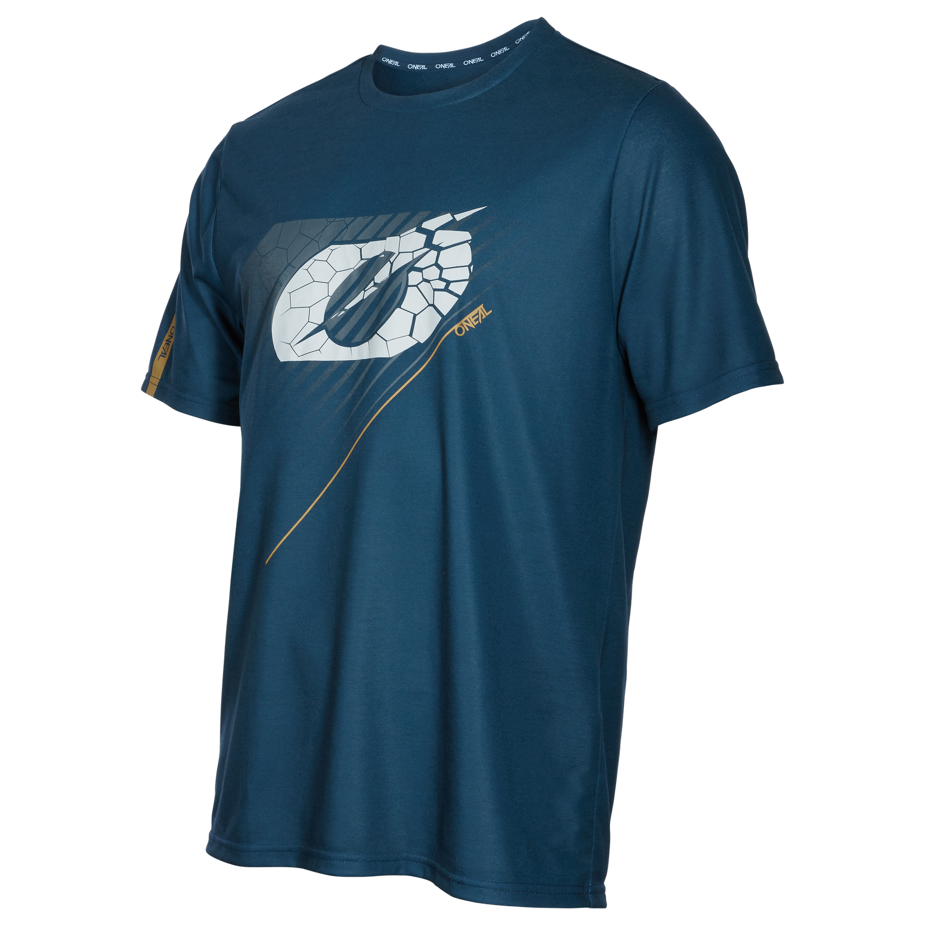 Das O'NEAL VAULT Jersey ist ein blaues, kurzärmeliges Mountainbike-Trikot mit einer geometrischen Grafik in Weiß, Grau und Gelb auf der Vorderseite und dem Schriftzug "OPREZ" auf der Brust. Atmungsaktiv und stylisch für jede Fahrt.