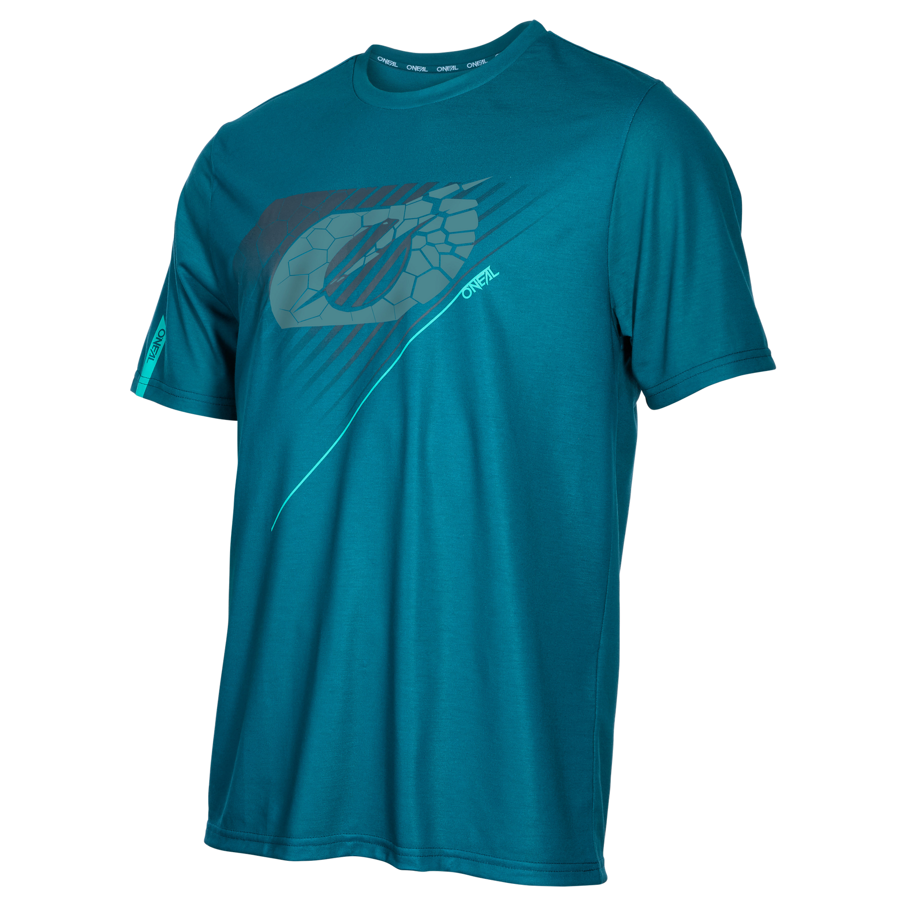 Das O'NEAL VAULT Trikot ist ein blaugrünes, kurzärmeliges, sportliches Oberteil mit einem grauen und schwarzen, geometrischen Brustmotiv. Es ist aus atmungsaktivem und antibakteriellem Material gefertigt und mit einem kleinen, blaugrünen O'NEAL Logo auf dem linken Ärmel versehen.