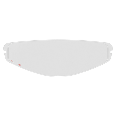 Der O'NEAL Pinlock 70 MaxVision Visor M-SRS Helm verfügt über ein klares, leicht gebogenes Design mit kleinen roten Markierungen an einer Kante und Schlitzen an beiden Enden zur Befestigung vor schwarzem Hintergrund.