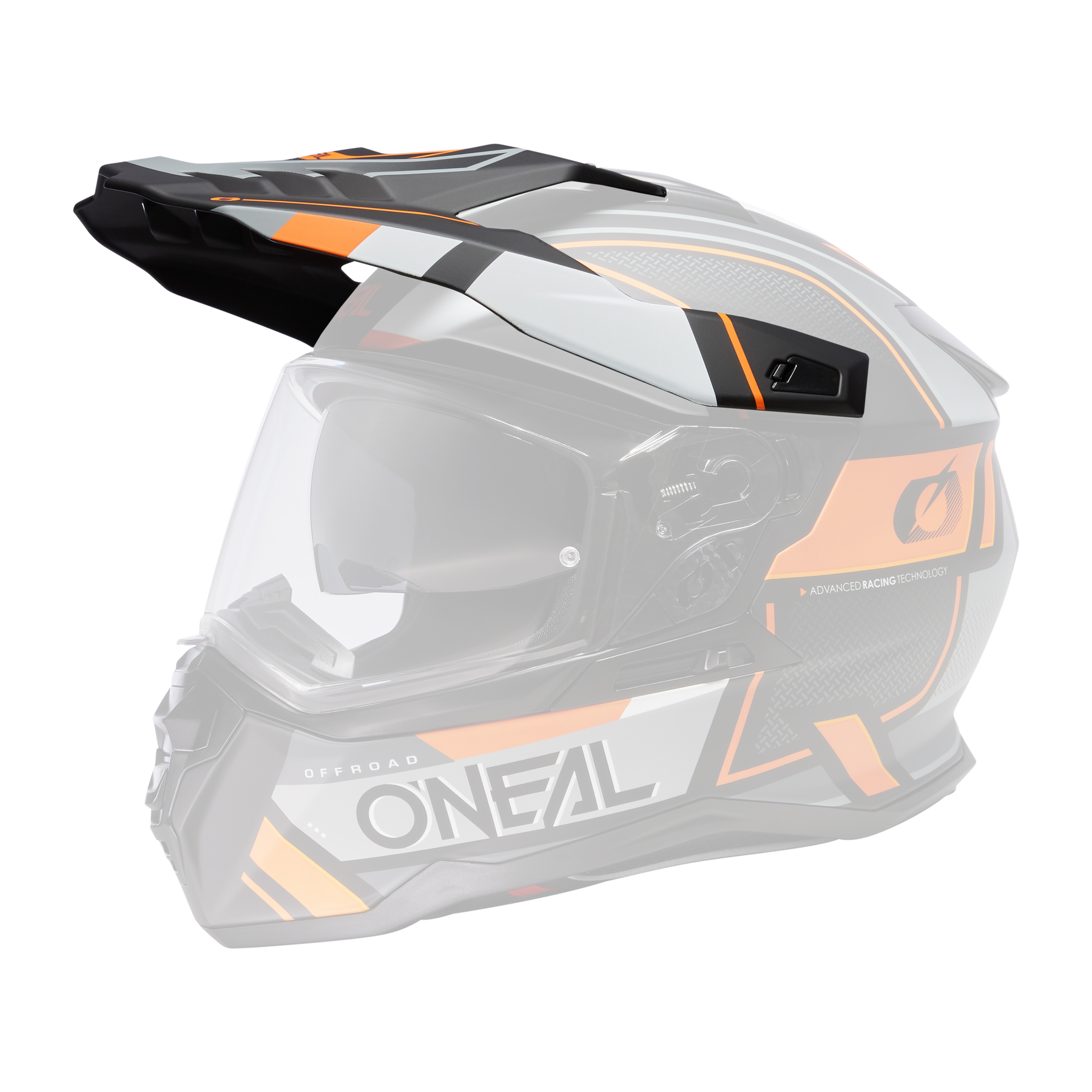 Der O'NEAL Visor D-SRS Helmet SQUARE ist ein schwarz-orange-weißer Offroad-Helm mit geometrischem Design und Visier mit O'NEAL-Branding auf schwarzem Hintergrund.