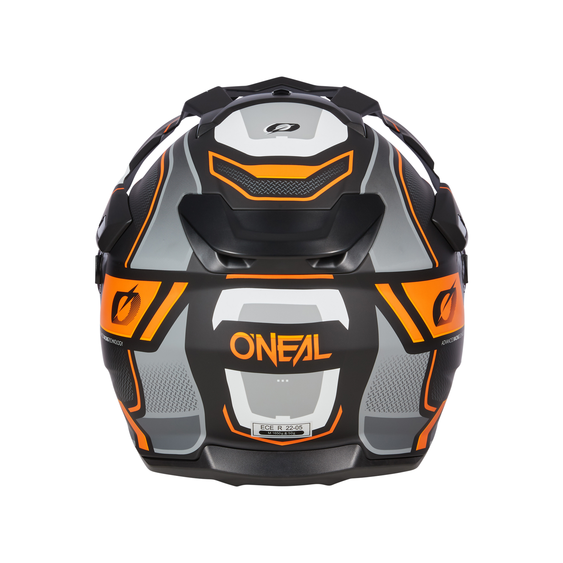 Eine Rückansicht des schwarz-orange-grau-weißen O'NEAL D-SRS Helm SQUARE von O'NEAL mit geometrischen Mustern und detaillierter Belüftung.