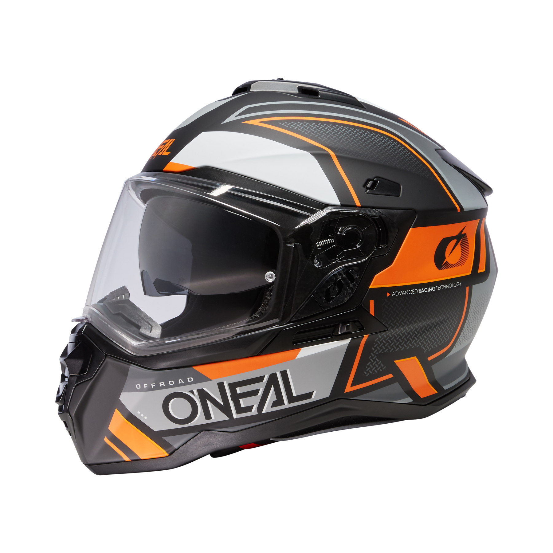 Der O'NEAL D-SRS Helm SQUARE ist ein schwarzer, weißer und orangefarbener Motorradhelm mit klarem Visier, aerodynamischem Design, auffälligen, kantigen Grafiken und dem O'NEAL-Logo an der Seite und am Kinn - ideal für Ihren nächsten Motorradhelm.