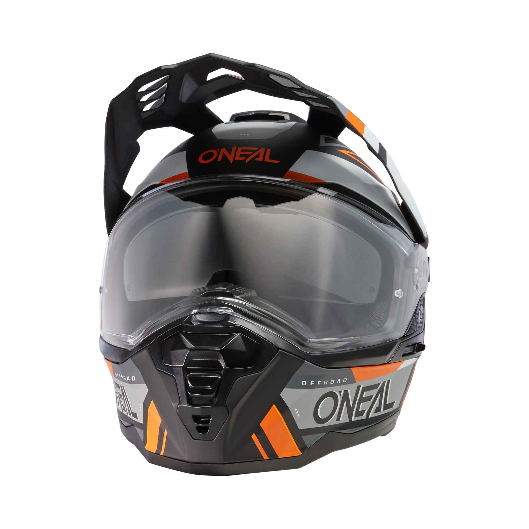 Frontansicht des O'NEAL D-SRS Helm SQUARE Off-Road-Helms in Schwarz, Grau und Orange mit Visier und aerodynamischem Design von O'NEAL vor transparentem Hintergrund.