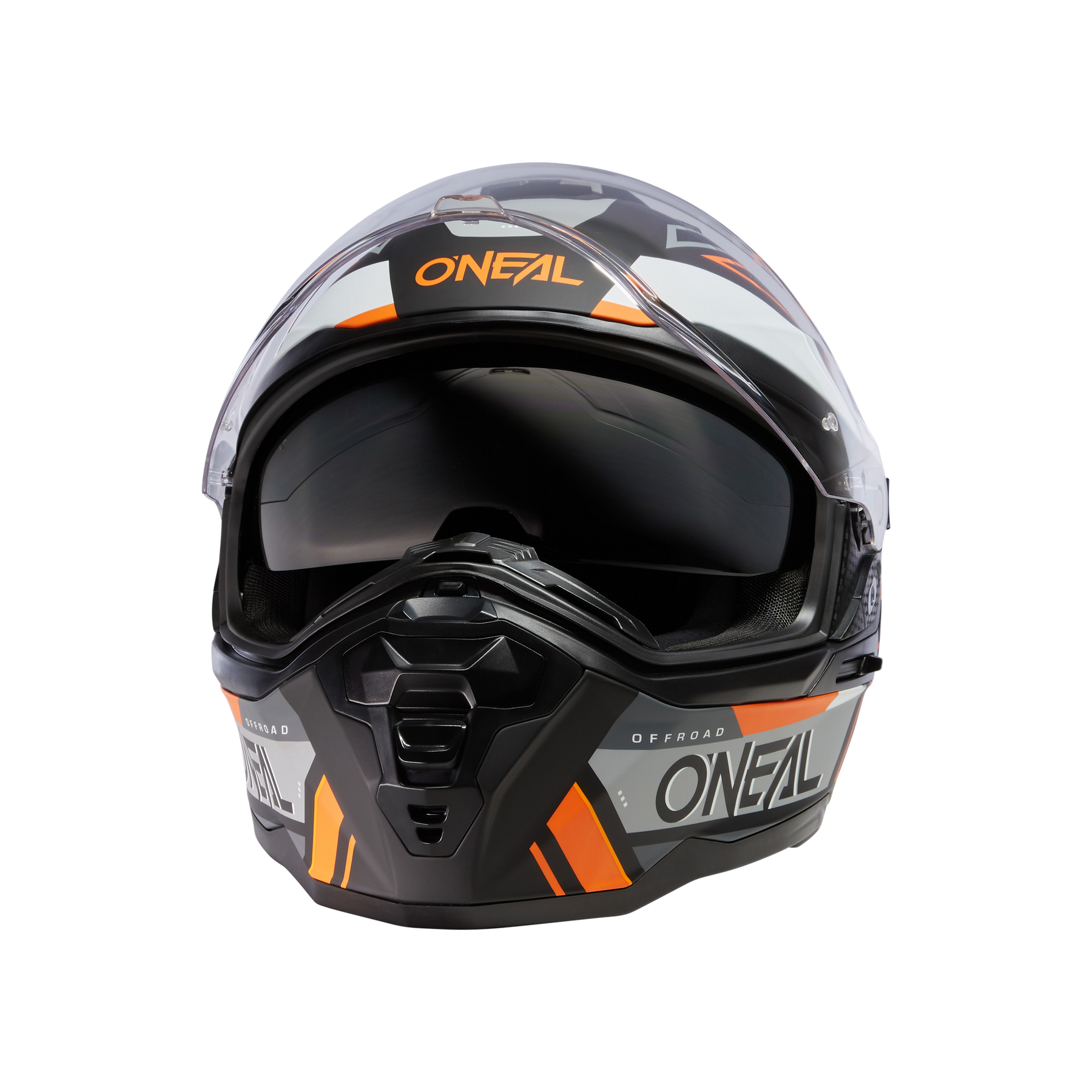 Vorderansicht des O'NEAL D-SRS Helm SQUARE in Schwarz, Weiß und Orange, mit klarem Visier, getönter Innenbrille und auffälligem O'NEAL-Branding auf der Vorderseite und an den Seiten.
