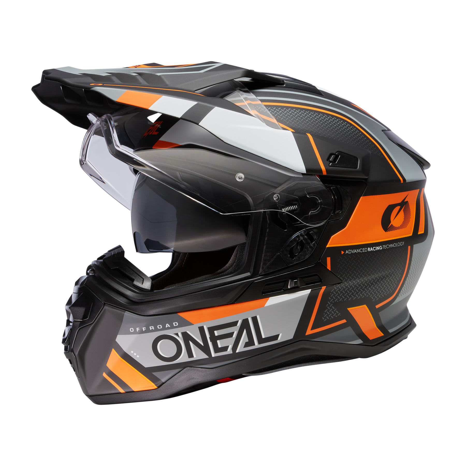 Der O'NEAL D-SRS Helm SQUARE ist ein schwarzer, orangefarbener und weißer Off-Road-Helm mit kantiger Grafik, aufgesetztem Gesichtsschild, Visier und der Marke O'NEAL an der Seite.