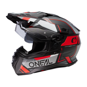Der O'NEAL D-SRS Helm SQUARE in Schwarz, Grau und Rot besticht durch sein kantiges Design mit dem Markennamen an der Seite. Dieser Offroad-Helm verfügt über ein Visier, Belüftungsöffnungen und ein schlankes aerodynamisches Design für optimale Leistung.