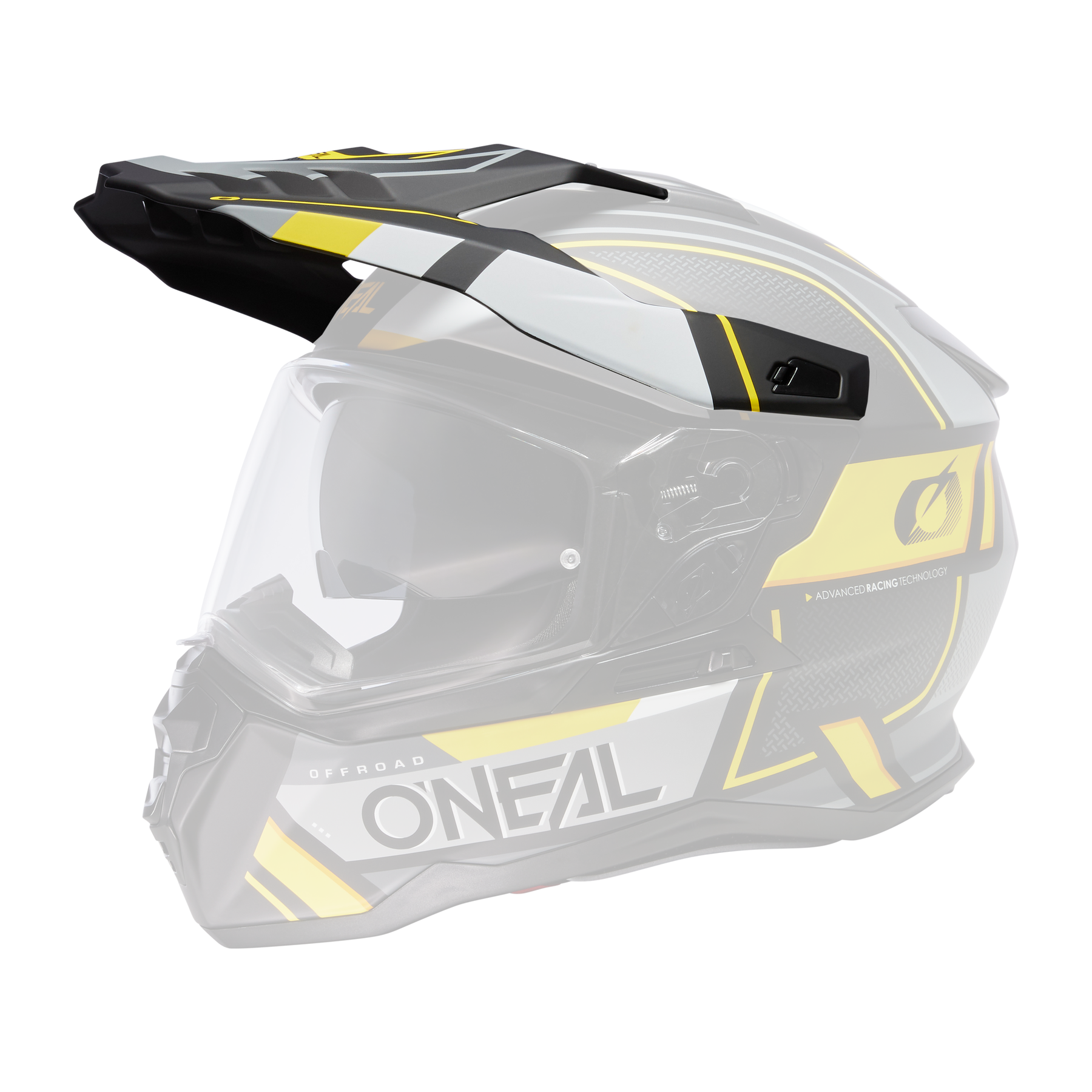 Der O'NEAL Visor D-SRS Helm SQUARE ist ein schwarzer, gelber und weißer Off-Road-Motorradhelm mit Visier, aerodynamischem Design, auffälligen Grafiken und einem durchsichtigen Gesichtsschutzschild auf schwarzem Hintergrund.