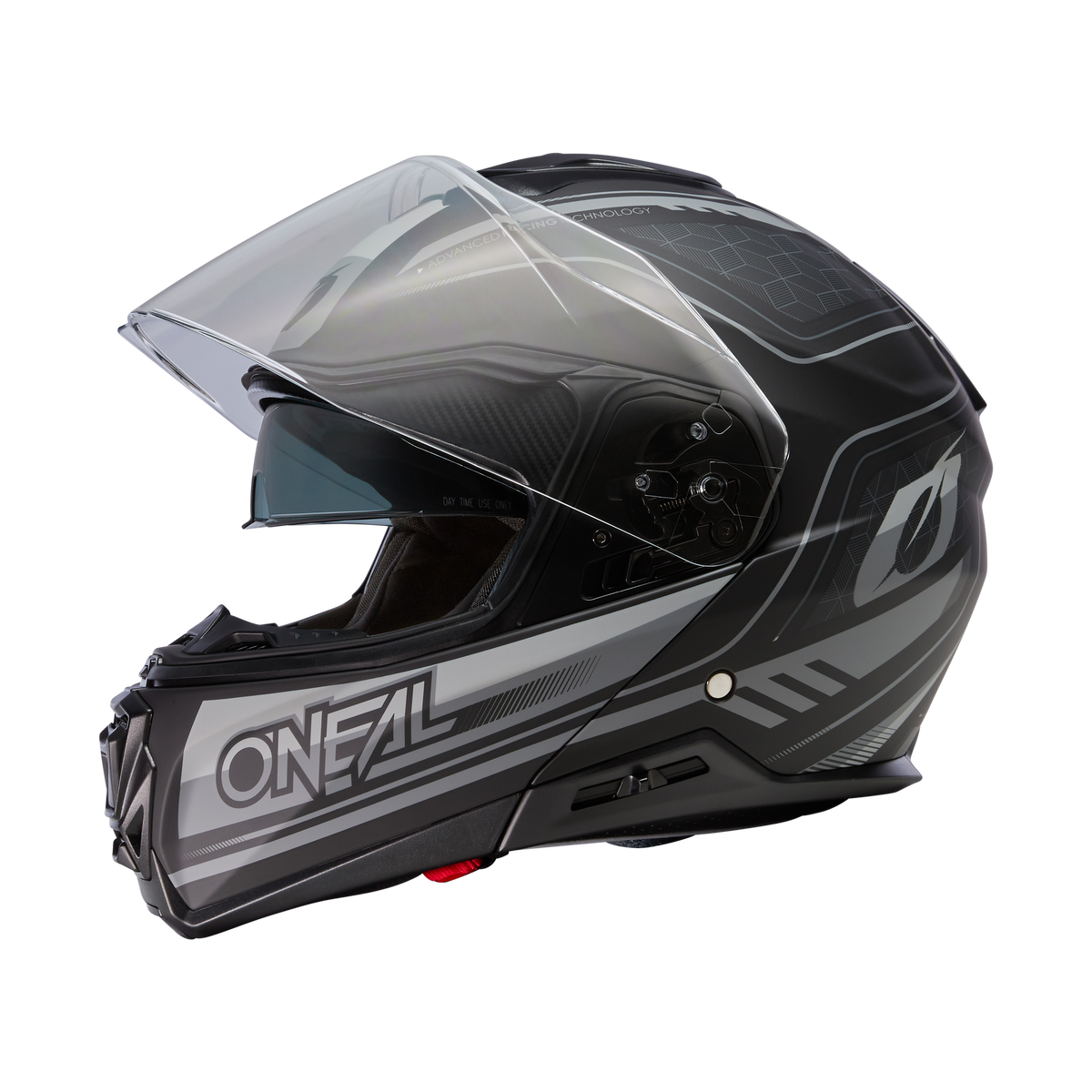 Der O'NEAL M-SRS Helm STRING ist ein schwarz-grauer Integralhelm mit klarem Visier, der mit dem O'NEAL-Logo und stilvollen M-SRS-Grafiken an den Seiten versehen ist.