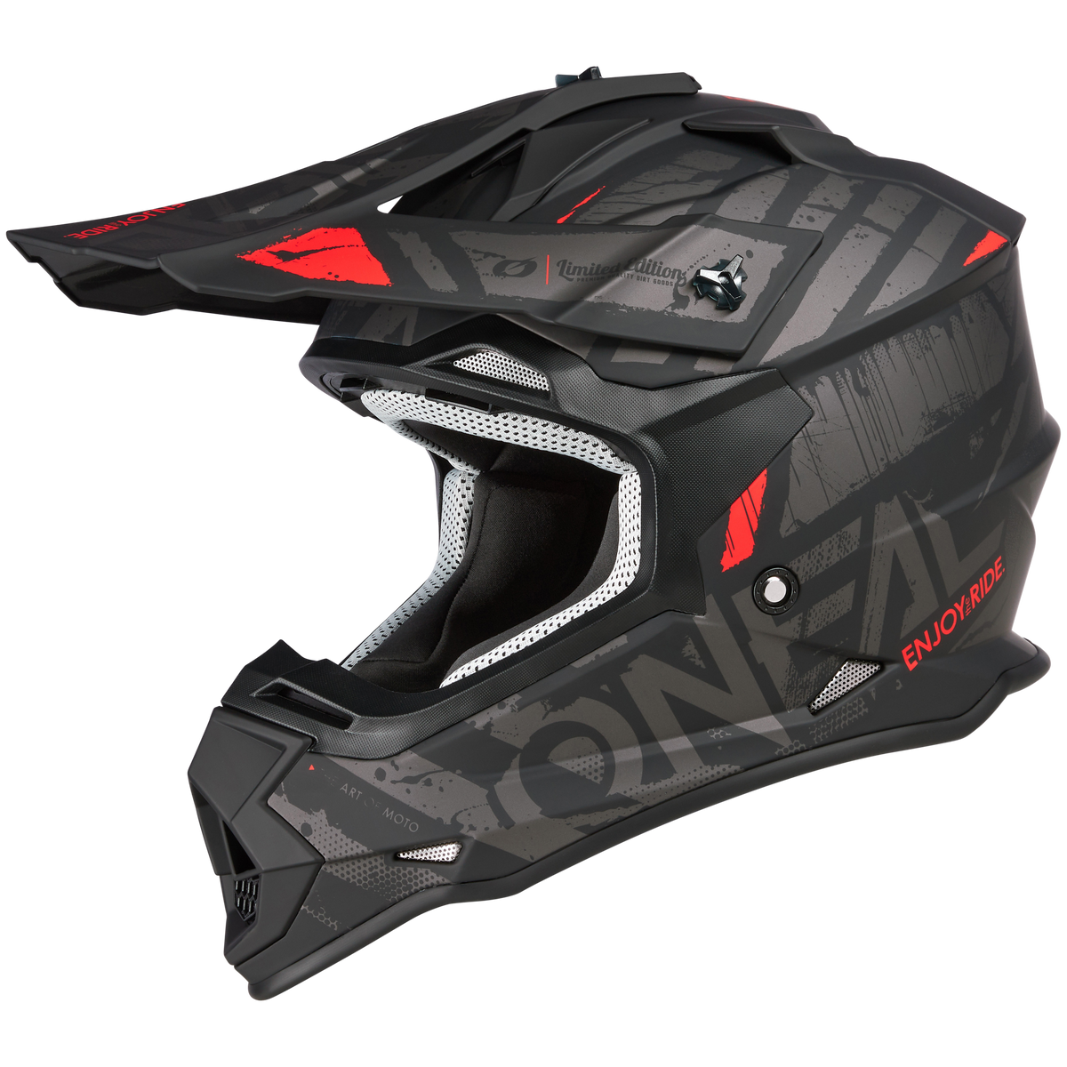 Der O'NEAL 2SRS Helm GLITCH in Schwarz/Grau ist ein schwarz-grauer Motocross-Helm mit roten Akzenten, eckigen Mustern und dem Text „ENJOY RIDE“. Sein Visier, die strukturierte matte Oberfläche und das schlanke aerodynamische Design machen ihn ideal für Motocross-Enthusiasten.