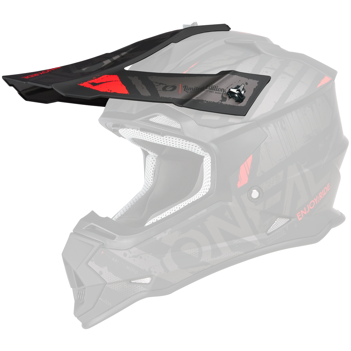 Der O'NEAL Visor 2SRS Helm GLITCH ist ein Integralhelm für Motorradfahrer mit einem geometrischen Design in Schwarz und Grau mit auffälligen roten Akzenten. Er verfügt über ein Visier, Belüftungsöffnungen und trägt an der Seite den Text „ONEAL“ und „ENJOY RIDE“. Das Innenfutter ist sichtbar und für mehr Komfort gepolstert.