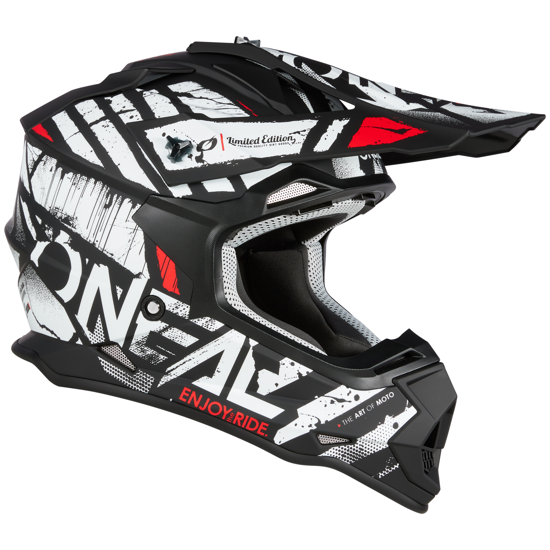 Der O'NEAL 2SRS Helm GLITCH bietet eine markante Seitenansicht in Schwarz und Weiß mit roten Akzenten. Er trägt die Aufschriften „Enjoy Ride“ und „The Art of Moto“ und ist mit einem Visier ausgestattet, ideal für Nervenkitzel-Suchende.