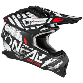 Der O'NEAL 2SRS Helm GLITCH bietet eine markante Seitenansicht in Schwarz und Weiß mit roten Akzenten. Er trägt die Aufschriften „Enjoy Ride“ und „The Art of Moto“ und ist mit einem Visier ausgestattet, ideal für Nervenkitzel-Suchende.
