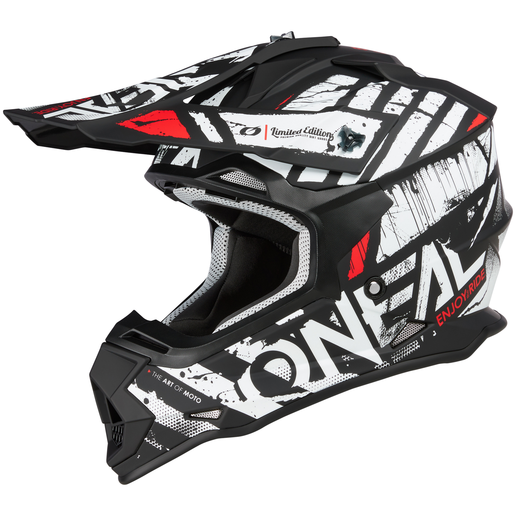 Der O'NEAL 2SRS Helm GLITCH Motocross-Helm besticht durch ein markantes Schwarz/Weiß-Design mit kräftigen roten Akzenten und „O'NEAL“ an der Seite. Ein Visier und eine schwarze Innenausstattung ergänzen das Wabenmuster im Mundbereich und verbessern Stil und Funktion.