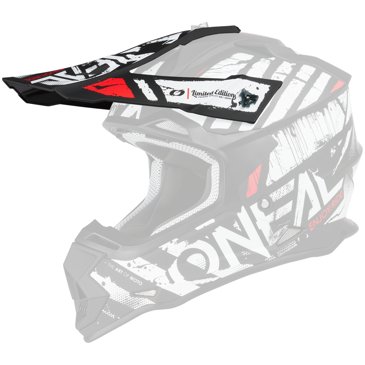 Der O'NEAL Visor 2SRS Helmet GLITCH ist ein schwarz-weißer Motocross-Helm mit roten Akzenten und einem auffälligen Muster. Der Markenname „O'NEAL“ ist prominent auf der Seite angebracht, begleitet von kleineren Textaufklebern mit den Aufschriften „Limited Edition“, „The Art of Moto“ und „Enjoy Ride“.