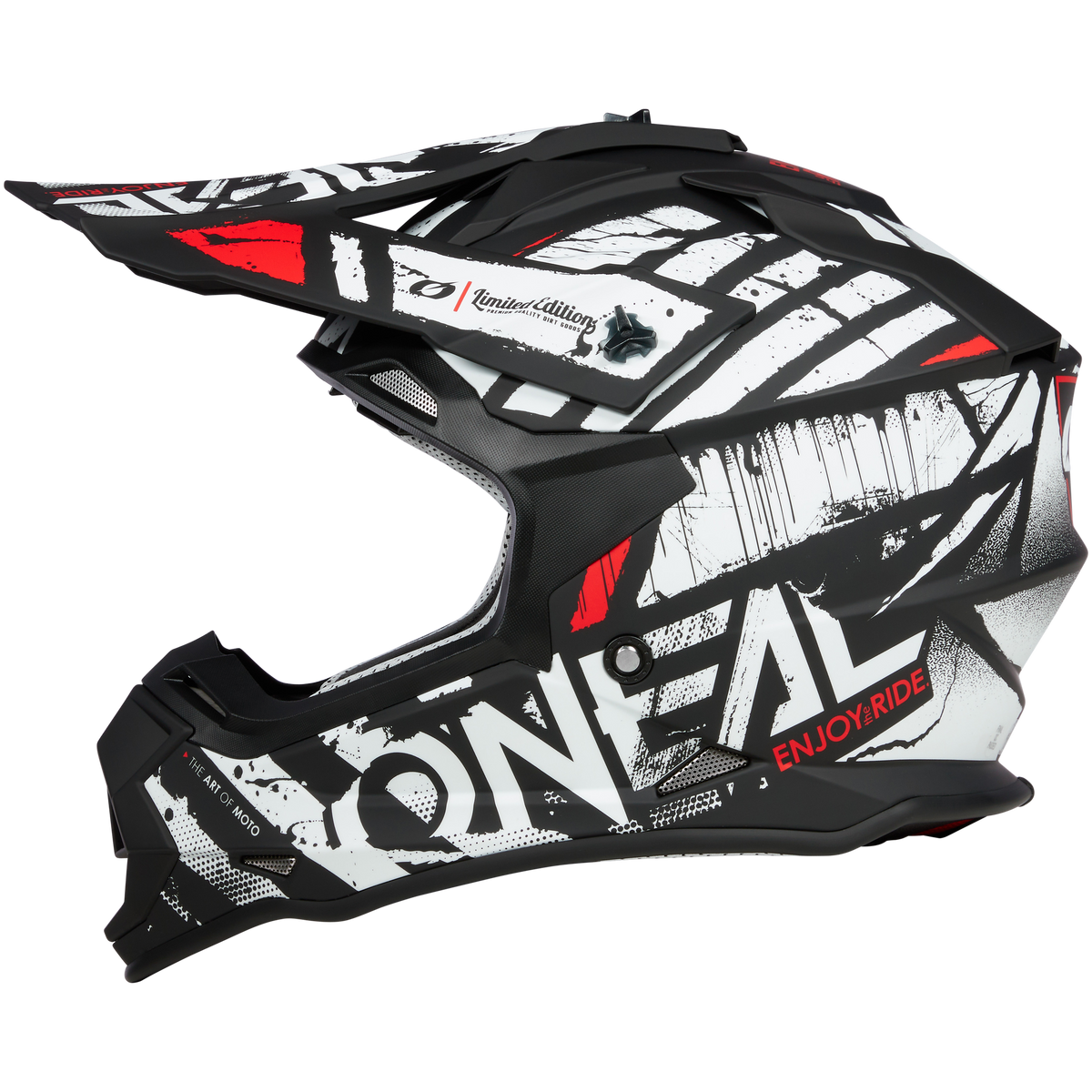 Der O'NEAL 2SRS Helm GLITCH besticht durch ein dynamisches schwarz-weiß-rotes Design mit scharfen Grafiken mit „ONEAL“ und „ENJOY-RIDE“ auf der Seite. Ausgestattet mit einem Visier ist sein kantiger Stil perfekt für Nervenkitzel-Suchende.