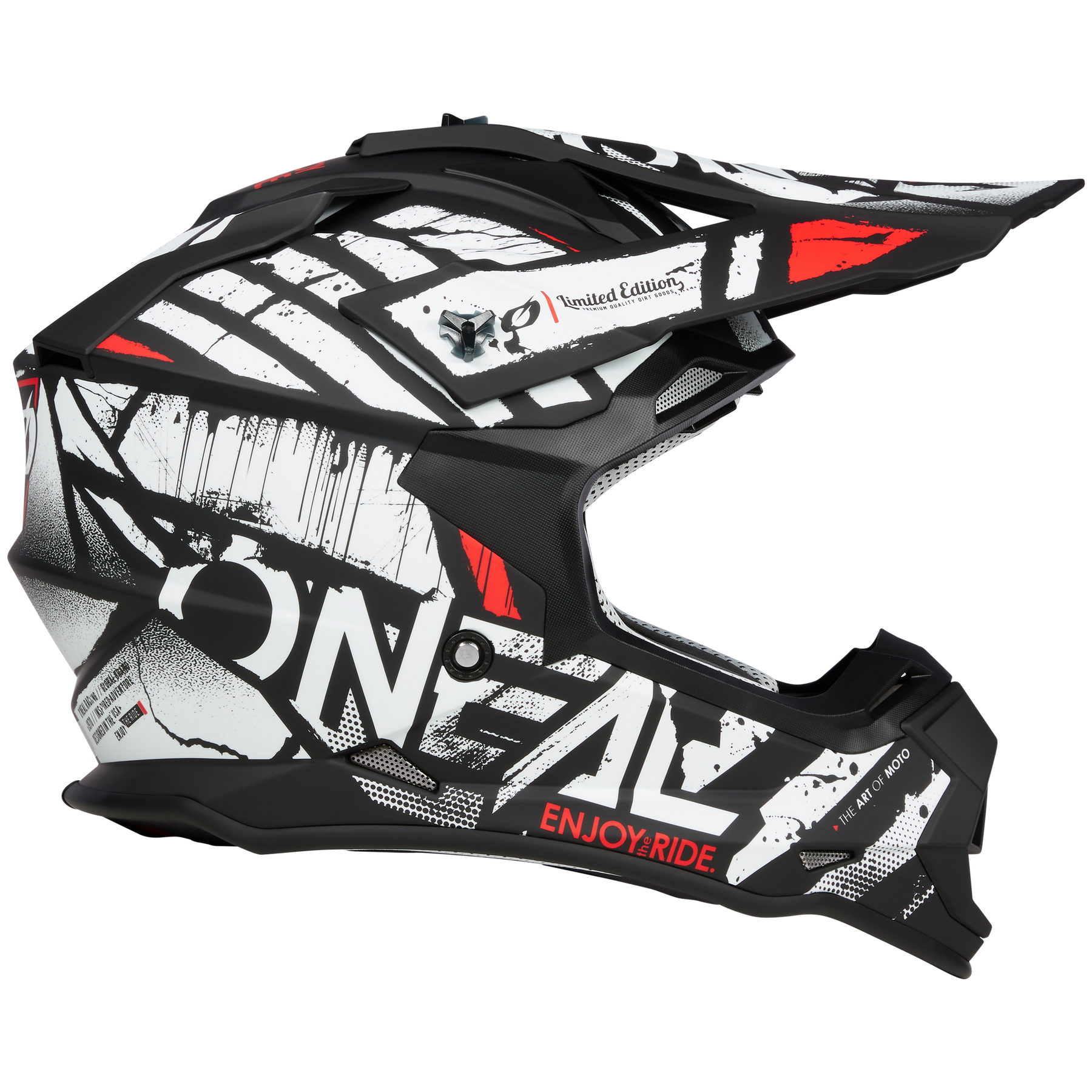 Der schwarze O'NEAL 2SRS Helm GLITCH verfügt über ein dynamisches abstraktes Design in Weiß und Rot. „O'NEAL“ und „Enjoy Ride“ sind hervorgehoben, mit „Limited Edition“ auf der Seite. Er verfügt über ein Visier und einen robusten Kinnschutz für mehr Sicherheit.