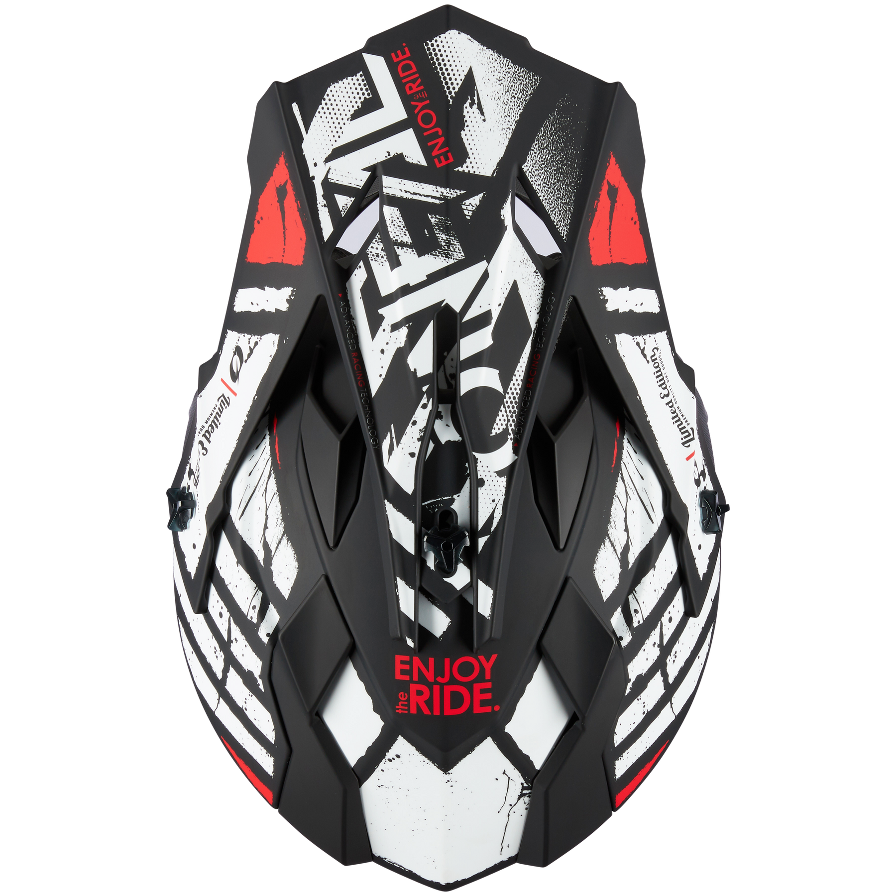 Draufsicht eines O'NEAL 2SRS Helm GLITCH Motocross-Helms in Schwarz und Weiß mit roten Akzenten, mit abstrakten Mustern und dem Satz „ENJOY THE RIDE“.