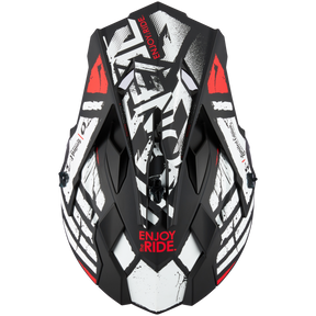 Draufsicht eines O'NEAL 2SRS Helm GLITCH Motocross-Helms in Schwarz und Weiß mit roten Akzenten, mit abstrakten Mustern und dem Satz „ENJOY THE RIDE“.