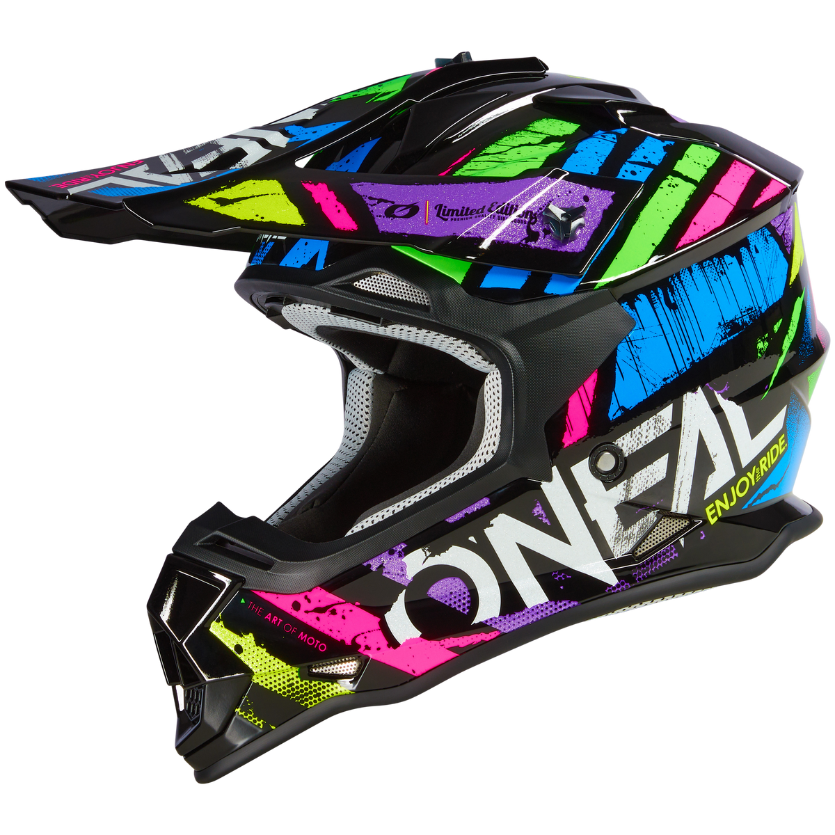 Der O'NEAL 2SRS Helm GLITCH besticht durch ein lebendiges mehrfarbiges Design mit Neonstreifen und einer eleganten schwarzen Basis mit Visier. Das „O'NEAL“-Logo ist deutlich sichtbar an der Seite angebracht.