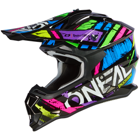 Der O'NEAL 2SRS Helm GLITCH besticht durch ein lebendiges mehrfarbiges Design mit Neonstreifen und einer eleganten schwarzen Basis mit Visier. Das „O'NEAL“-Logo ist deutlich sichtbar an der Seite angebracht.