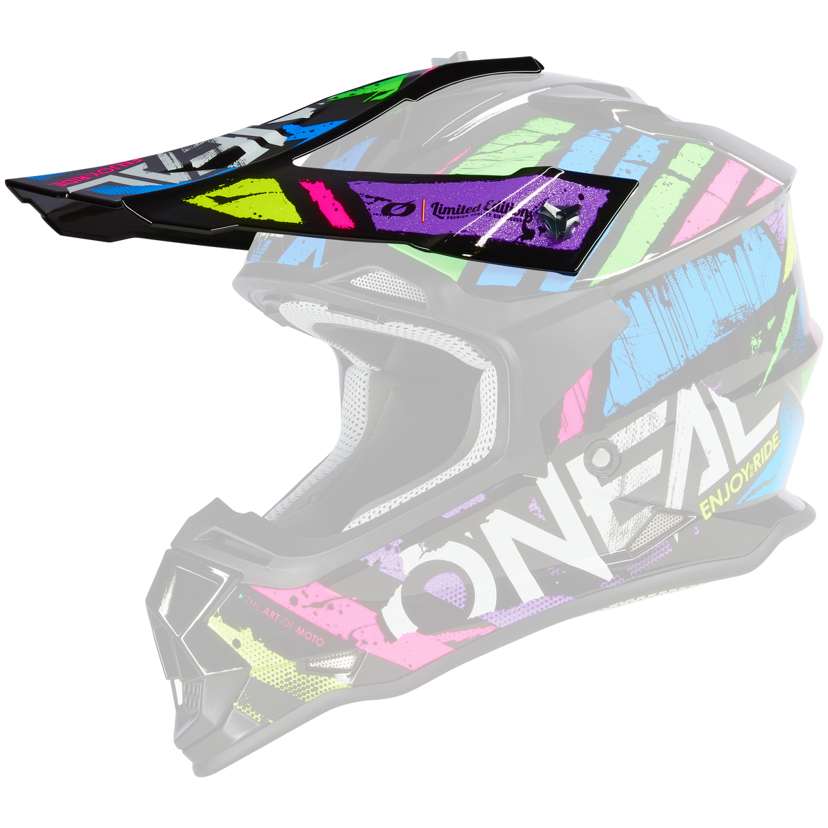 Der O'NEAL Visor 2SRS Helmet GLITCH ist ein schwarzer Motocross-Helm mit einem lebendigen, farbenfrohen Design mit neonpinken, blauen, grünen und gelben Streifen. Der Helm verfügt über ein markantes Visier und zeigt auf der Seite deutlich das weiße „O'NEAL“-Branding sowie den Satz „ENJOY RIDE“. Der Kinnschutz ist mit zusätzlichen Aufklebern versehen.