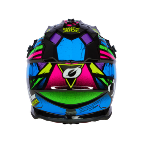 Der O'NEAL 2SRS Helm GLITCH zeichnet sich durch ein auffälliges geometrisches Design in Blau, Pink, Grün und Gelb aus. Auf der Oberseite steht „Enjoy Ride“ in Grün mit einem stilisierten Auge auf schwarzem Hintergrund und fängt den für O'NEAL-Kreationen typischen Abenteuergeist ein.
