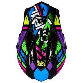 Der O'NEAL 2SRS Helm GLITCH von O'NEAL zeigt lebendige geometrische Muster in Blau, Pink, Gelb, Grün und Schwarz. Der Satz „ENJOY the RIDE“ ist deutlich am unteren Rand dieses farbenfrohen Motocross-Helmdesigns zu sehen.