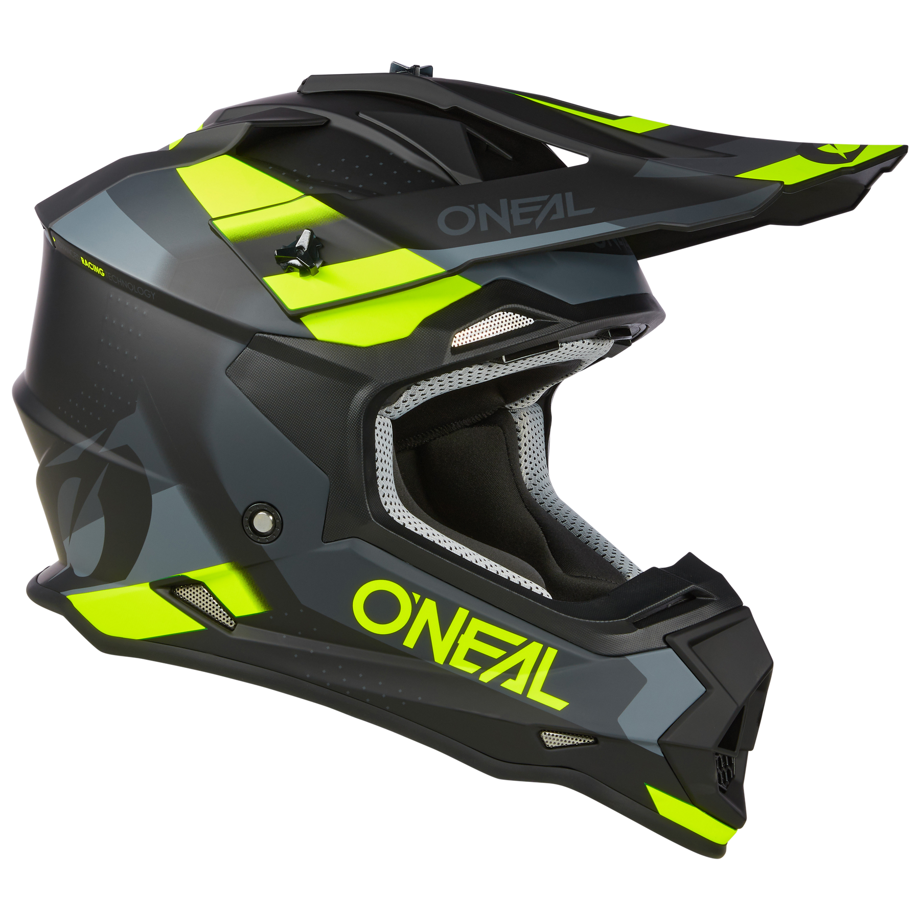 Der O'NEAL 2SRS Helm SPYDE ist ein schwarzer, grauer und neongelber Motocross-Helm mit kantigen Belüftungsöffnungen und einem Visier, das das O'NEAL-Logo trägt - ein Muss für jeden Fahrer.