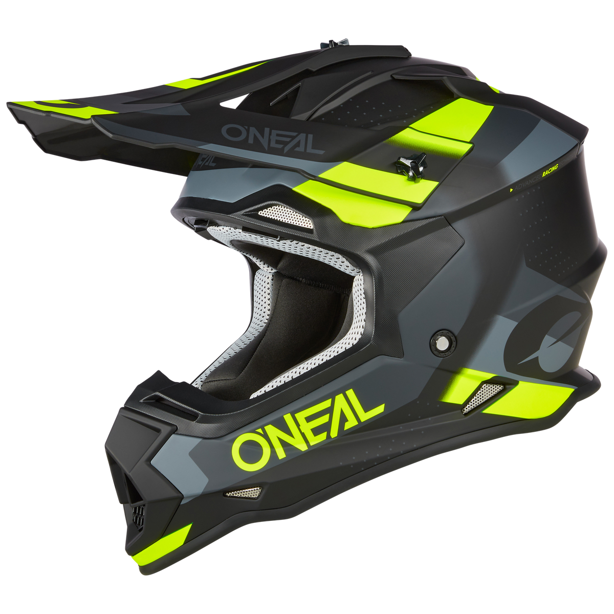 Der O'NEAL 2SRS Helm SPYDE ist ein eleganter schwarz-dunkelgrauer Motocross-Helm mit leuchtend gelben Akzenten und auffälligem „O'NEAL“-Branding an der Seite und am Kinnschutz. Dieser Helm mit Visier, Belüftungsöffnungen und einer eckigen, modernen Ästhetik ist perfekt für jede actiongeladene Fahrt.
