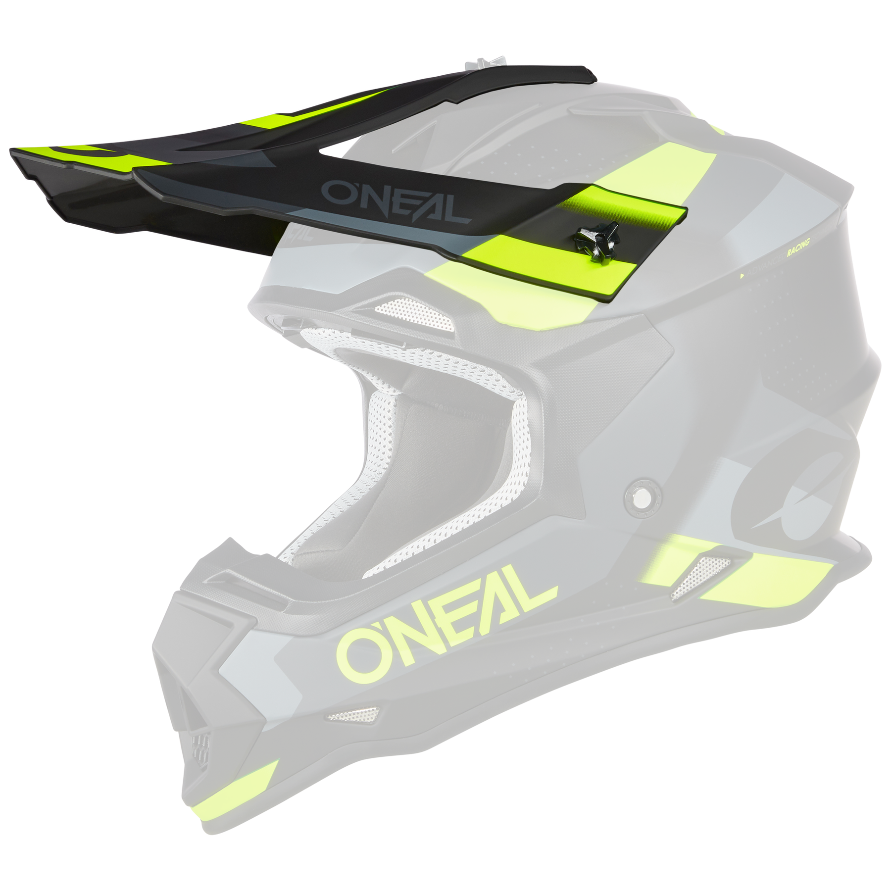 El Casco O'NEAL Visor 2SRS SPYDE es un casco de motocross negro mate y gris con detalles en amarillo brillante, el logotipo O'NEAL, una visera, una mentonera y aberturas de ventilación.