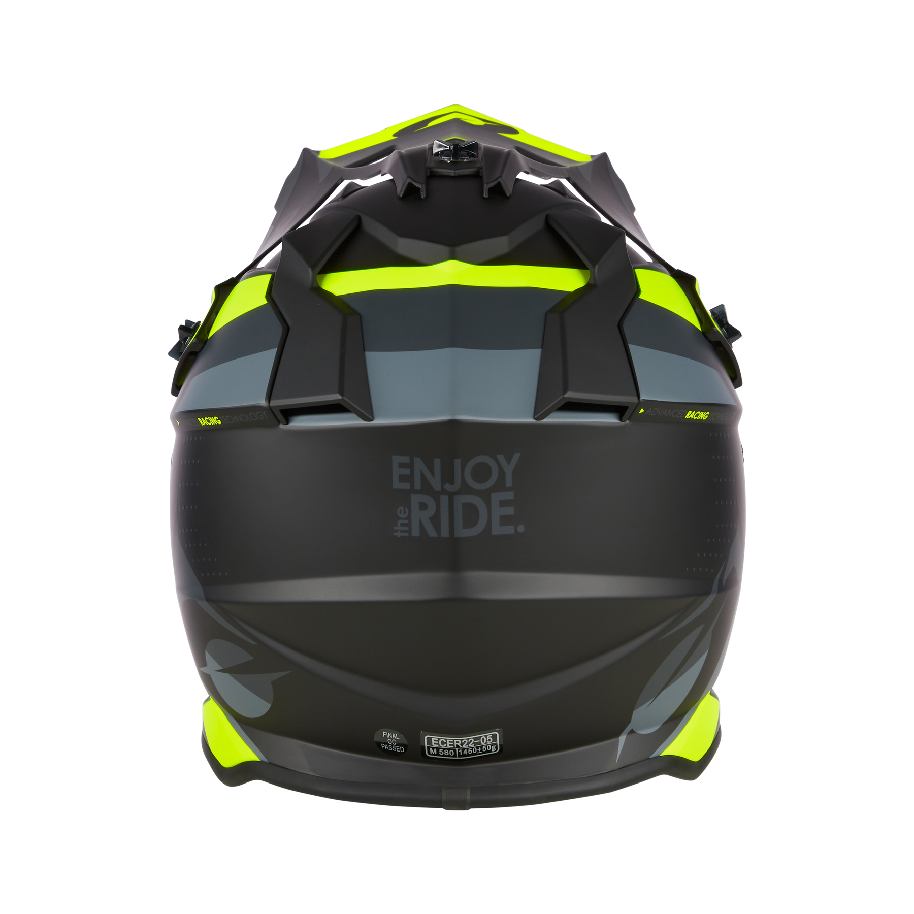 Rückansicht des mattschwarzen O'NEAL 2SRS Helm SPYDE mit neongelben Akzenten, "ENJOY the RIDE." auf der Rückseite, kantigen Lüftungsöffnungen und einem modernen, sportlichen Design - Premium-Motocross-Ausrüstung von O'NEAL.