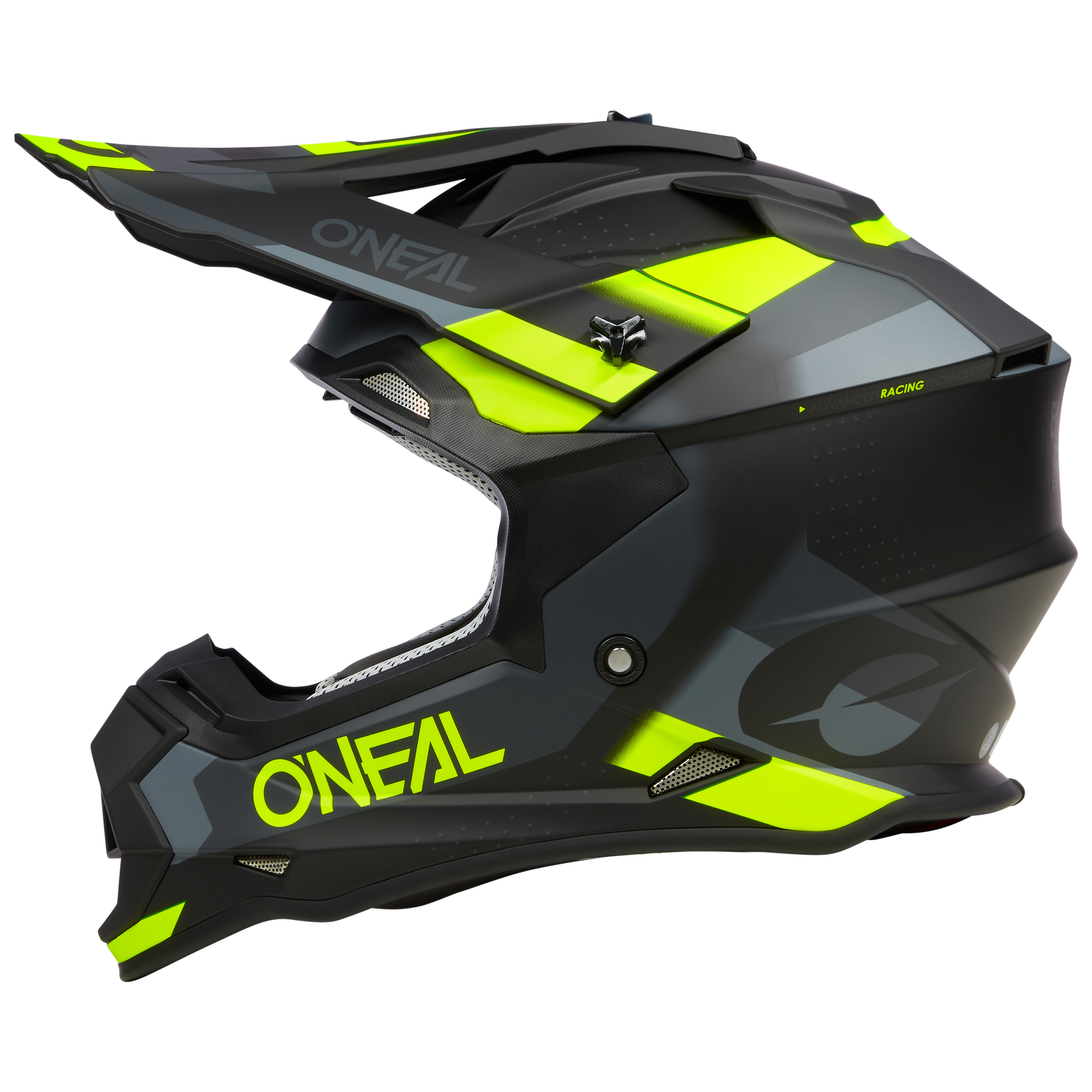 Der O'NEAL 2SRS Helm SPYDE zeichnet sich durch ein schwarz-graues Design mit leuchtend gelben Akzenten und O'NEAL-Logos auf dem Kinn und dem Visier aus - die ideale Schutzausrüstung für Ihre nächste Offroad-Tour.
