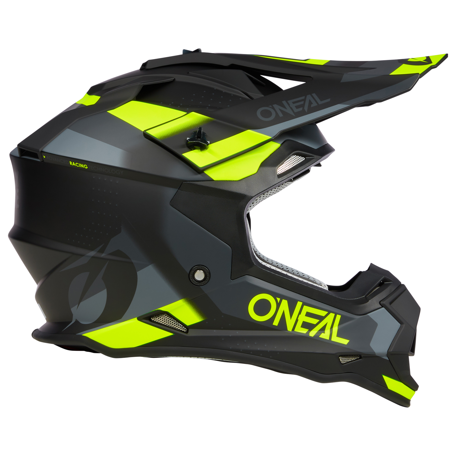 Der O'NEAL 2SRS Helm SPYDE ist ein schwarz-grauer Helm mit neongelben Akzenten, einem auffälligen ONEAL"-Schriftzug und einem aerodynamischen Design - die perfekte Ausrüstung für ernsthafte Motorradfahrer.