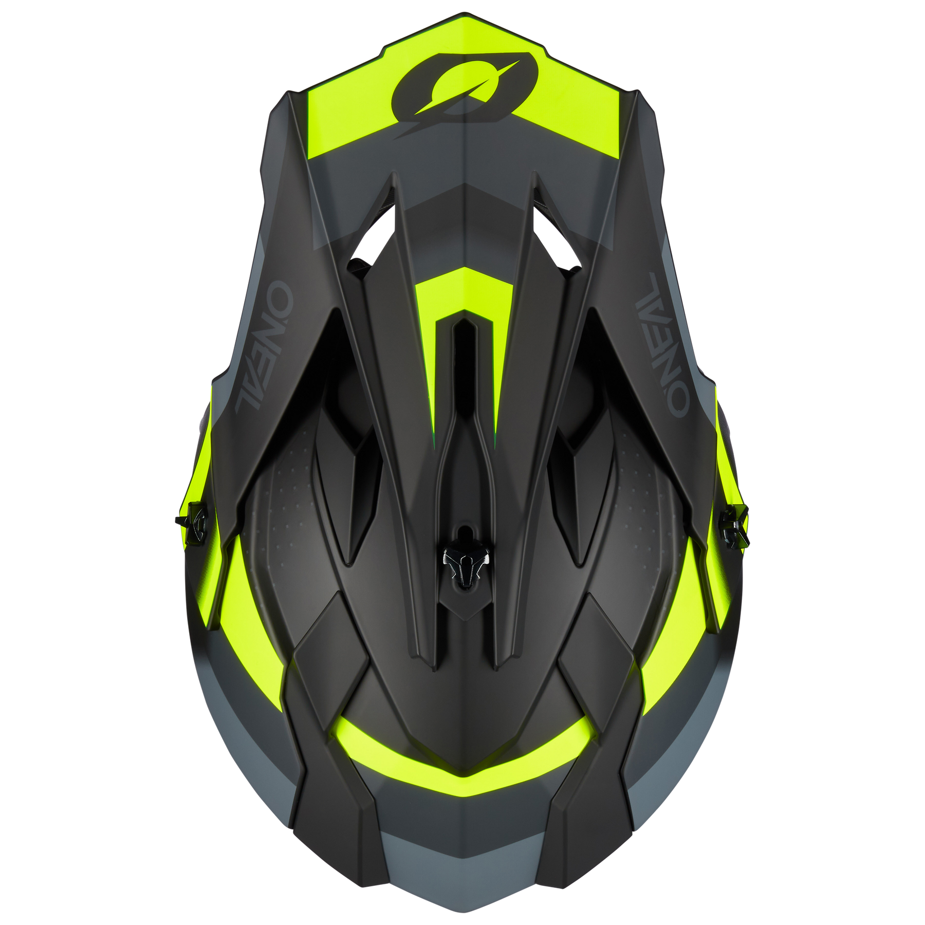 Draufsicht auf den O'NEAL 2SRS Helm SPYDE in Schwarz und Grau mit neongelben Akzenten. Er verfügt über ein aerodynamisches Design, mehrere Belüftungsöffnungen und das O'NEAL-Logo - die ideale Ausrüstung für ernsthafte Motorradfahrer.