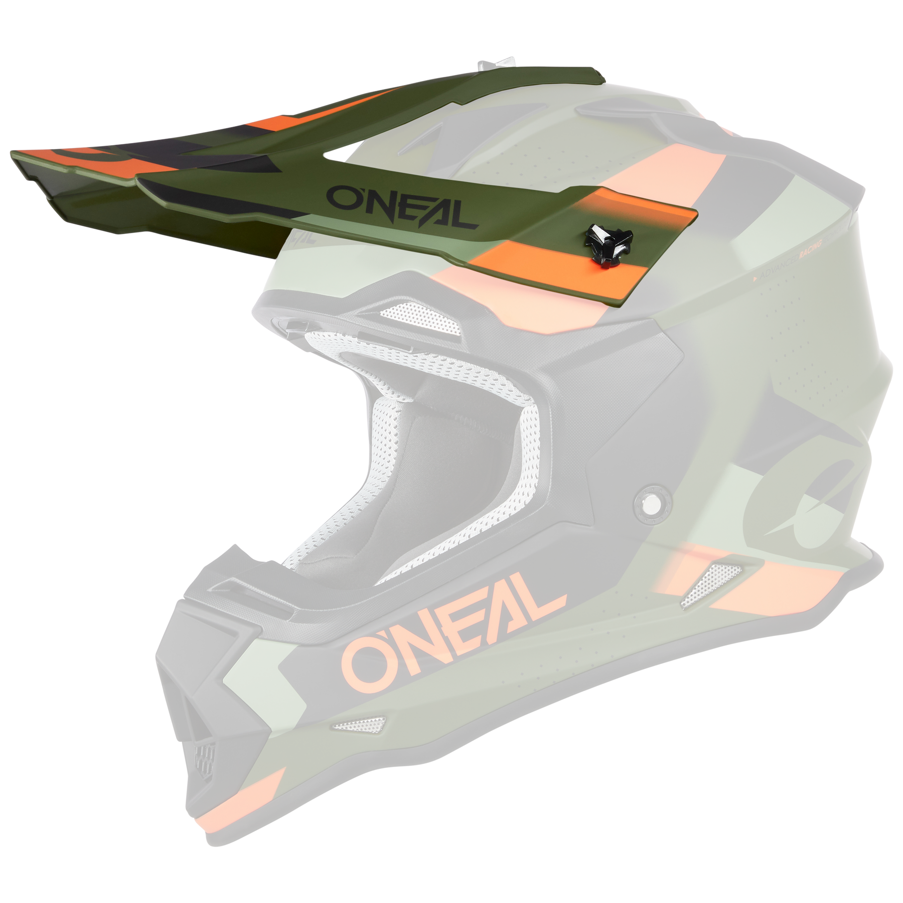 El Casco O'NEAL Visor 2SRS SPYDE es un casco integral de motocross verde, negro y naranja con mentonera, que se muestra de perfil lateral sobre fondo blanco.