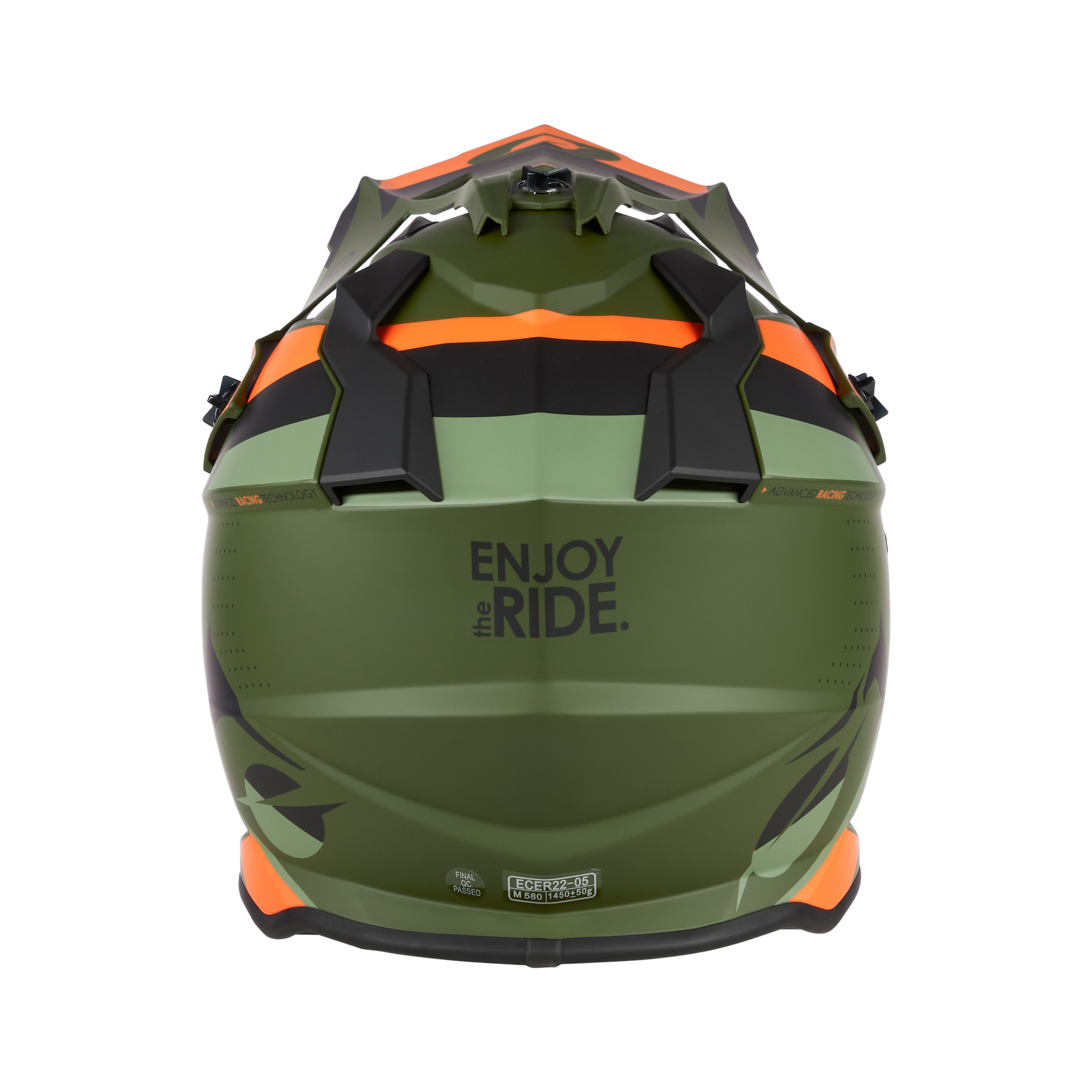 Der O'NEAL 2SRS Helm SPYDE ist ein grüner und orangefarbener Motocross-Helm, der in der Mitte den Schriftzug ENJOY the RIDE" in Schwarz trägt - ein mutiges Statement von O'NEAL.