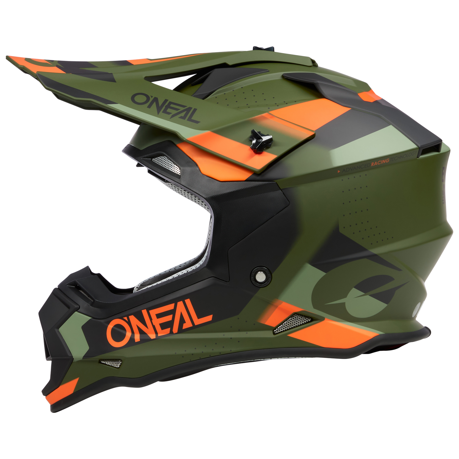 Der O'NEAL 2SRS Helm SPYDE ist ein grün-schwarzer, offener Motocross-Helm mit orangefarbenen Akzenten, Visier und robustem Design - die ideale Offroad-Ausrüstung von O'NEAL.