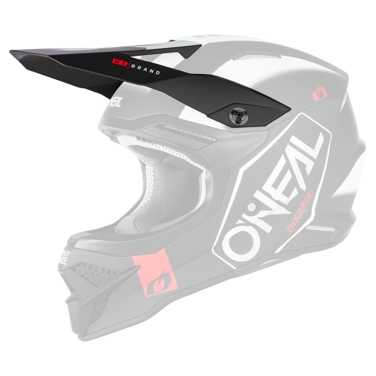 Ein O'NEAL Visor 3SRS Helm HEXX in Schwarz und Weiß weist rote Akzente auf schwarzem Hintergrund auf. Der Helm verfügt über ein Visier, Belüftungsöffnungen und eine gepolsterte Innenausstattung für mehr Komfort. Auf der Seite ist das O'NEAL-Logo zusammen mit dem Wort „Enduroride“ deutlich zu sehen.